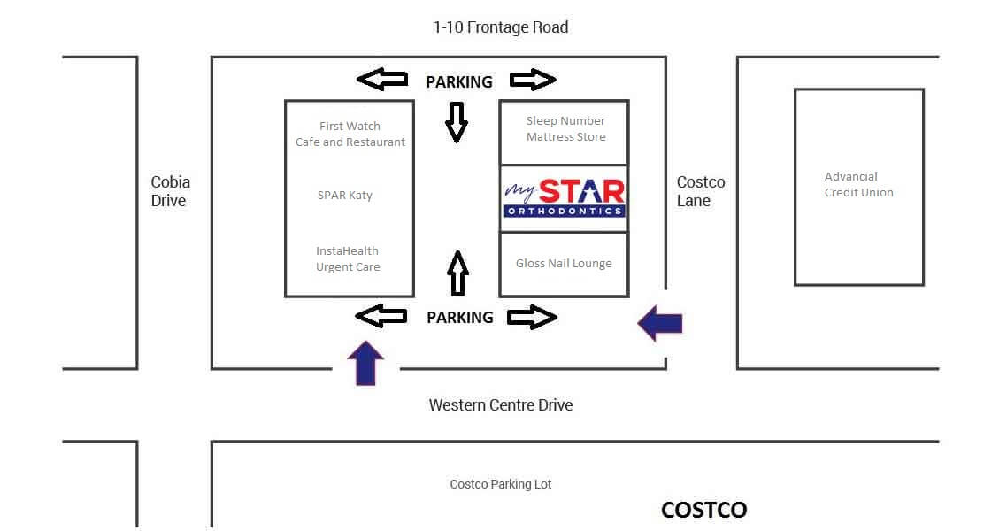Parking Map diagram for new patients of My Star Orthodontics in Katy Texas